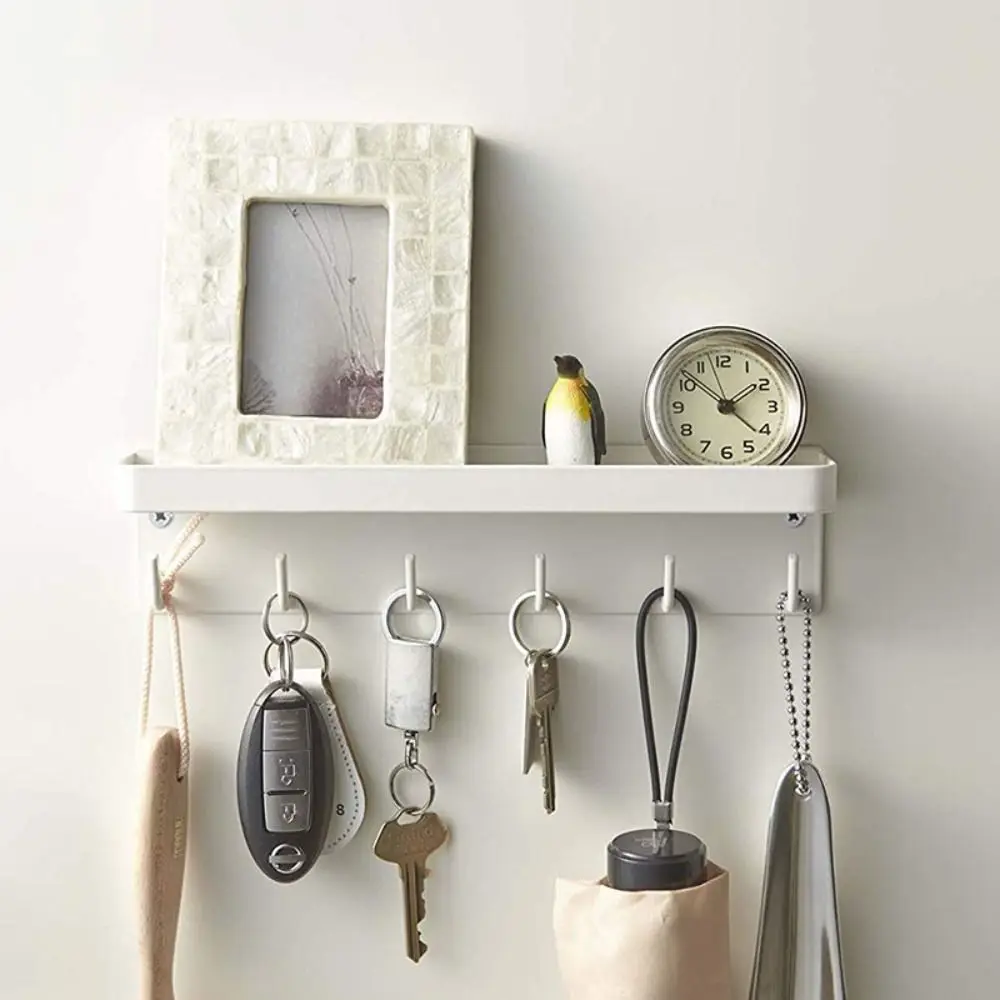 White Wall-Mounted Key Mail Holder 6 Hooks Shelf Rack Organizer Tray Magnetic Home Decoration Closet