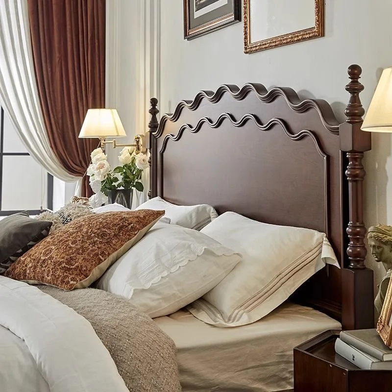 #Wave Ripples French Vintage Solid Wood Bed Frame Queen Double Antiqued American Style Variety Colors for Modern Master Bedroom