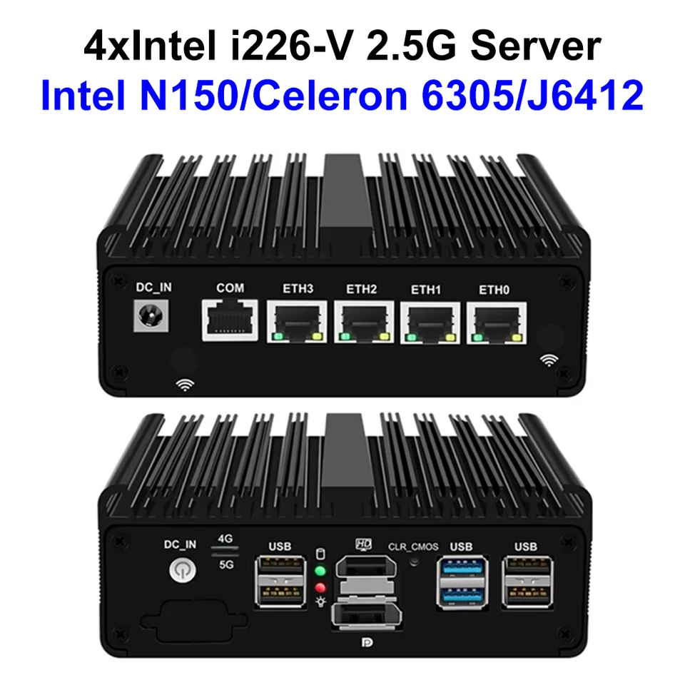Fanless Mini PC Intel N150 Celeron J6412 J6305 J5005 4×2.5G LAN