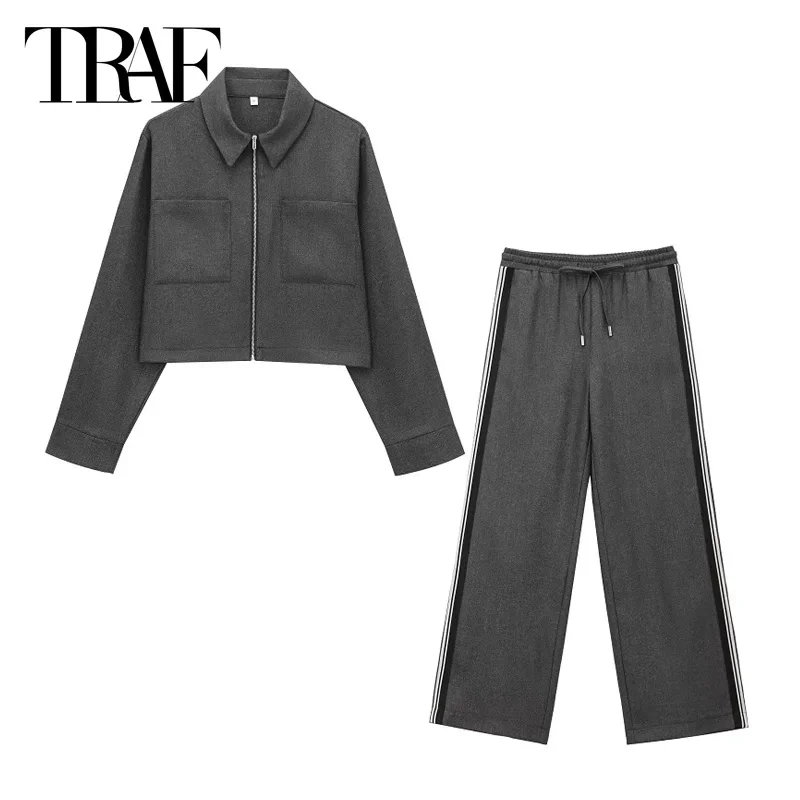 TRAF Women 2 Pieces Outfit 2024 Elegant Women Pants Set Cropped Long Sleeve Jacket Coat Wide Leg Pants Trousers Set Lady Suits