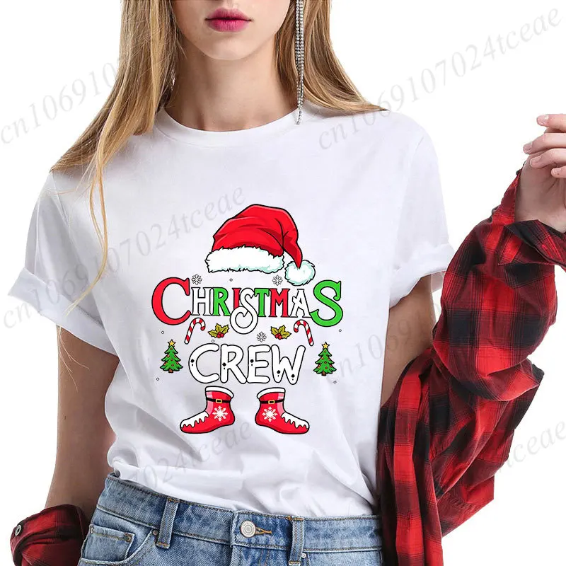 Christmas Crew T‑Shirt Women Xmas Santa Hat Socks Graphic Tees Funny Family Matching Outfit Christmas Party Casual Tops Gifts