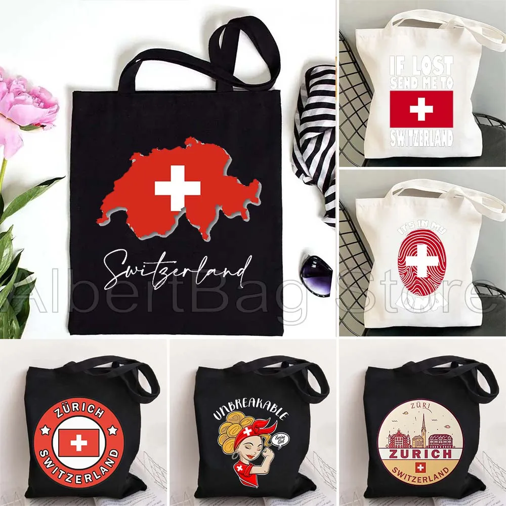 

Zurich Switzerland Country Map Flag Swiss Girl Fashion Shopper Harajuku Canvas Tote Bag Cotton Shoulder Casual Shopping Handbag