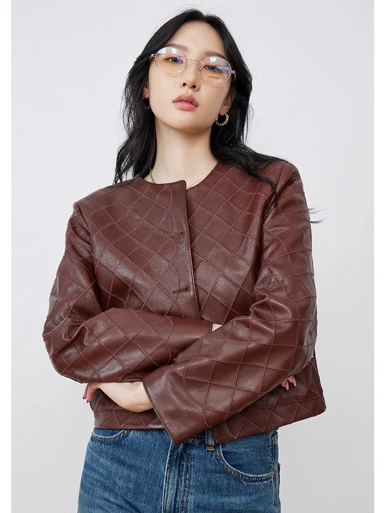 

O-neck Elegant Genuine Leather Jackets for Women Spring Autumn 2026 New High-end Simple Classic Cropped Real Sheepskin Coat