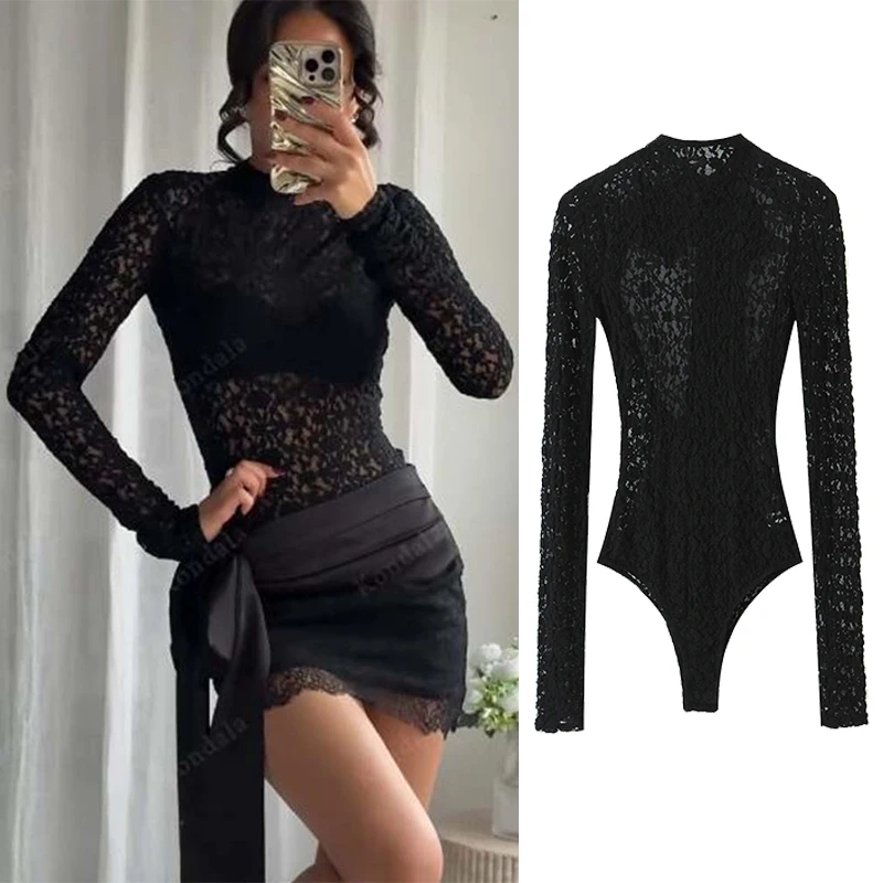 

Женское кружевное боди, осень 2023, женская новая мода с длинными рукавами и открытой спиной, с бантом, короткий комбинезон, женский элегантный боди