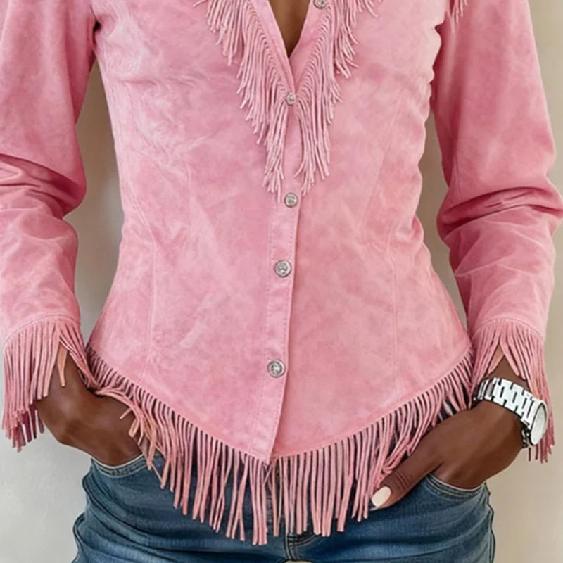 الرجعية الغربية واحدة الصدر التلبيب قميص معطف امرأة الموضة الصلبة الجلد المدبوغ شرابة سترة الخريف سترة طويلة الأكمام ملابس خارجية