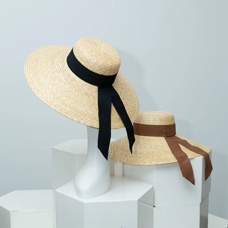 

Female Natural Stiff Wheat Straw Boater Hat Summer Flat Top Fedora Hat Women Wide Brim Sun Hats for Travel Beach Jazz Panama New