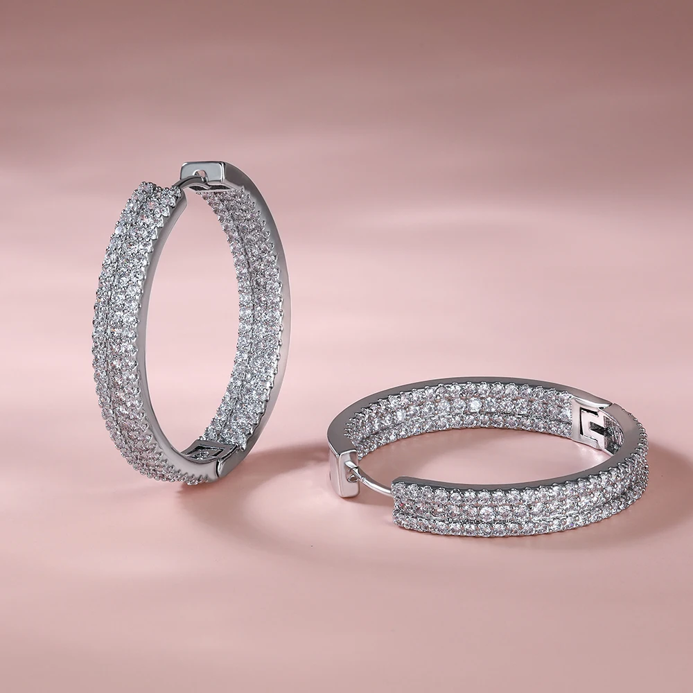 Multiple rows of shiny inlaid zircon hoop earrings plated in 18K gold Fashion jewelry plated in silver exquisite jewelry