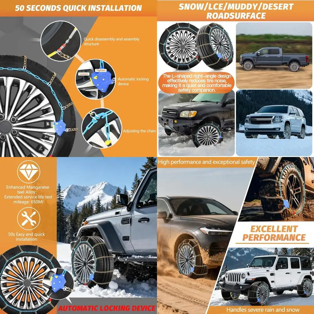 

Auto Lock Snow Tire Chains, 50s Quick Easy, Enhanced Manganese Steel Alloy Endurance Life 650 Mi, Icy and Snowy Road Tire Tracti