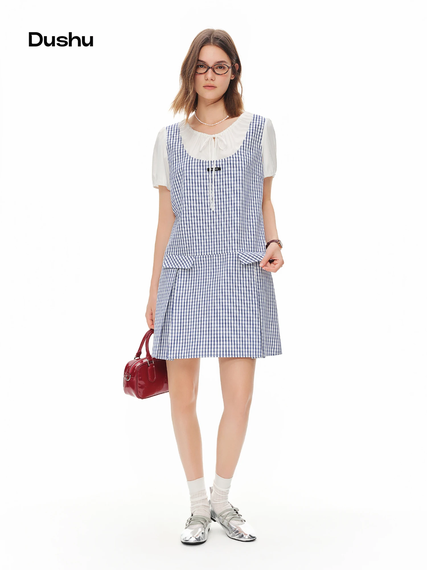 

DUSHU 2026 Summer Women's Color Block Mock Two-Piece Puff Sleeve Mini Dress - Chic Academic Style for Daily Campus and Outings