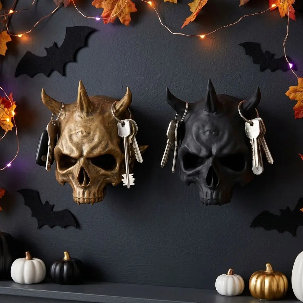 3D Printed Halloween Skull Wall Hook Unique Dark Style Skull Head Wall Hanger No Drill Wall Mounted Horned Skull Key Hook