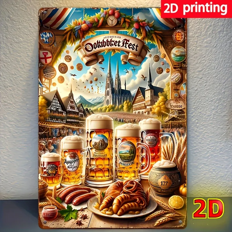 Vintage Oktoberfest Beer Party Tin Metal Signs Home Décor 8x12 Inch, Festive Iro