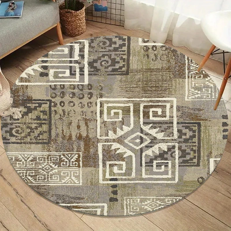 Geometric Greek Round Carpet Distressed Aztec Pattern Rug for Living Room Bedroom Soft Floor Mat Modern Tribal Home Decoration