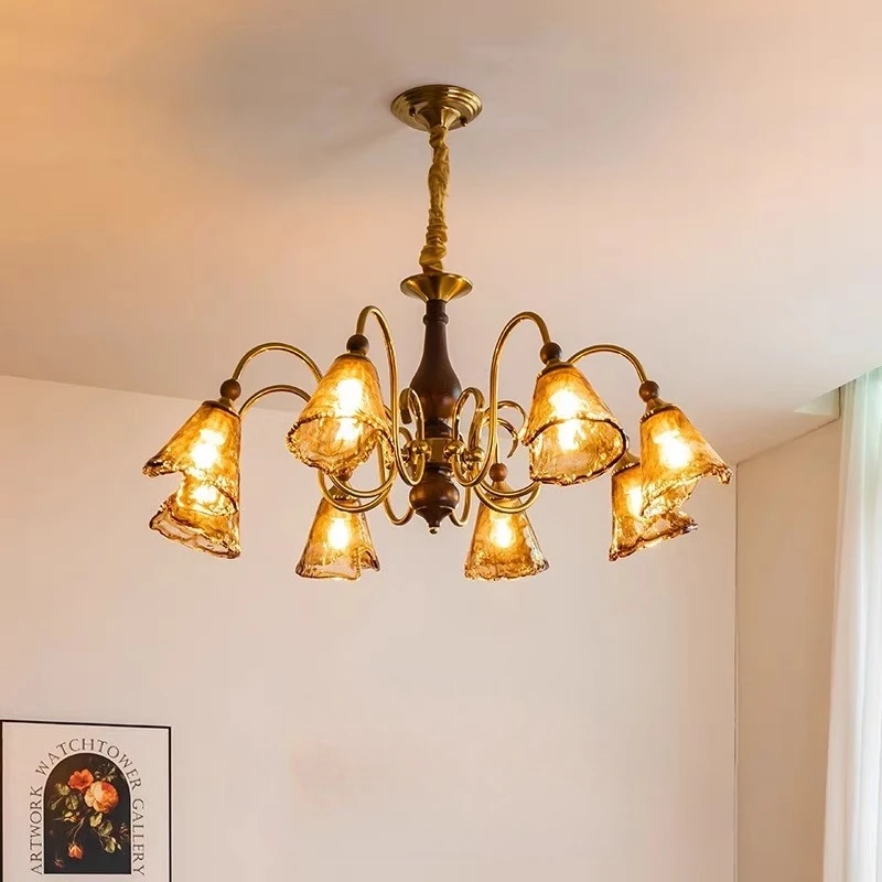 

French Luxury Amber Glass Chandeliers Gold Wrought Iron Hanging Lamp Living Room Bedroom Hotel Restaurant Wooden Pendant Lights