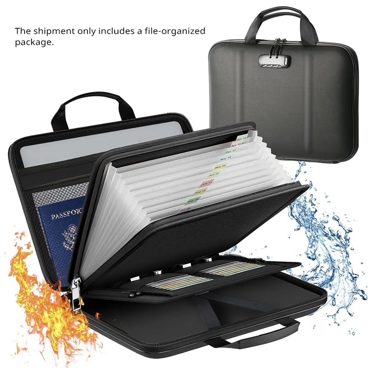 Feuerfester Dokumentenorganizer mit Schloss, Hartschalenkoffer und Tasche, Akkordeon-Aktenordner für A4/Letter-Dateien, Laptops