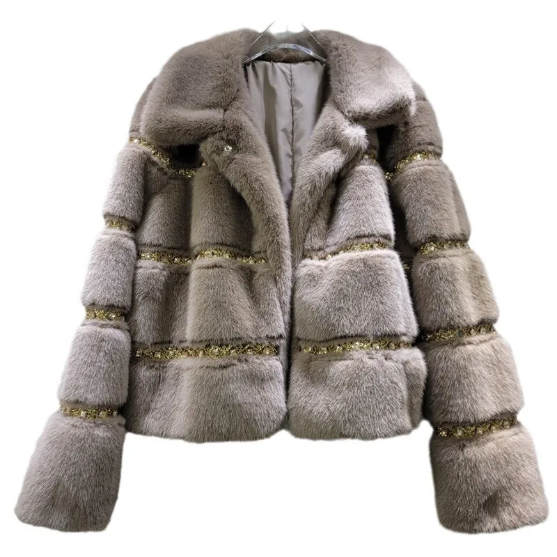 WTHT delle Nuove Donne di Modo A Righe Diamanti Cappotto di Pelliccia Finta 2024 di Inverno Alla Moda Risvolto Maniche Lunghe Giacca Calda Femminile 1LS503