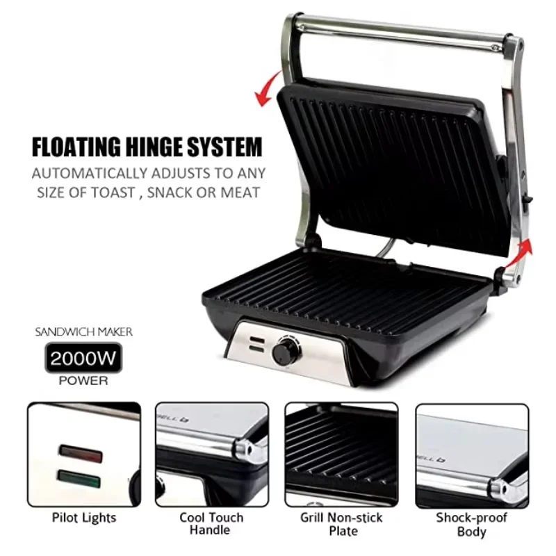 ไม่ติดสเต็กบาร์บีคิว 4 ชิ้นกดไฟฟ้าติดต่อ Panini Grill สีดําเปิด 180 องศาสําหรับบ้าน