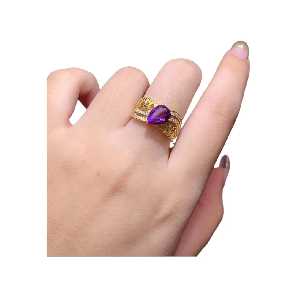 KJJEAXCMY-925 Sterling Silver Natural Colored Gemstone for Women, Amethyst, Droplet Ring, Girl's Party, Birthday Christmas Gift