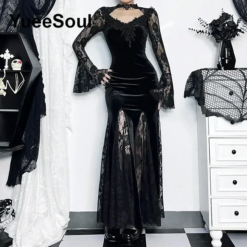 Halloween Gotico Grunge Punk Vestito Delle Donne A Maniche Lunghe In Pizzo Sottile Abiti Neri 2024 Nuovo Y2K Harajuku Lolita Fairy Core Vestito Da