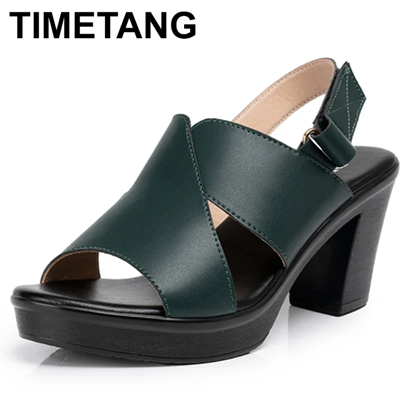 Handmade Women Sandals Summer Party Open Toe High Heel Sandals Female Genuine Leather Shoes Metal Buckle Casual Sandals