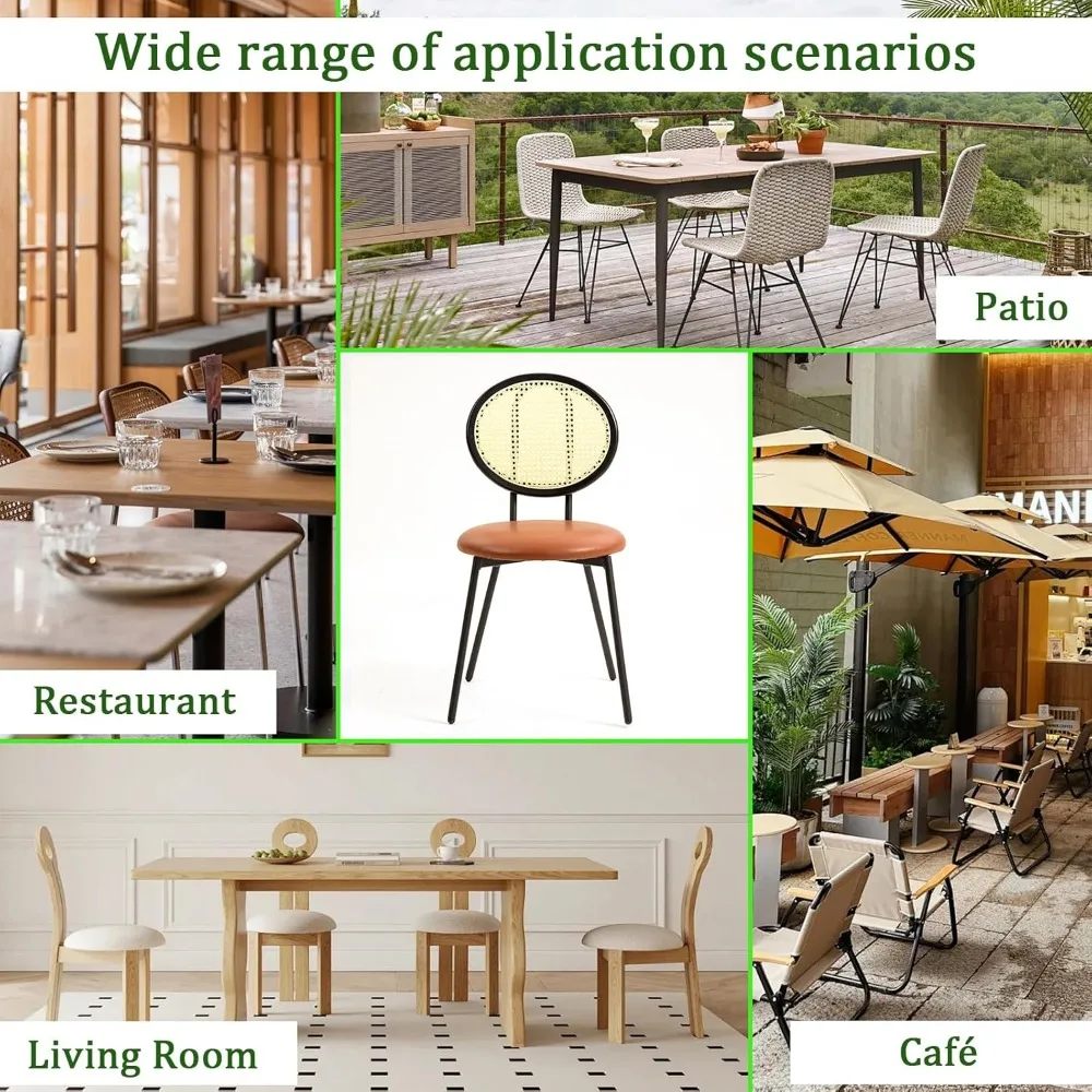 Esszimmerstühle im 6er-Set, moderne Esszimmerstühle aus der Mitte des Jahrhunderts mit Rattan-Rückenlehne und gepolstertem Sitz aus PU-Leder für das Wohnzimmer