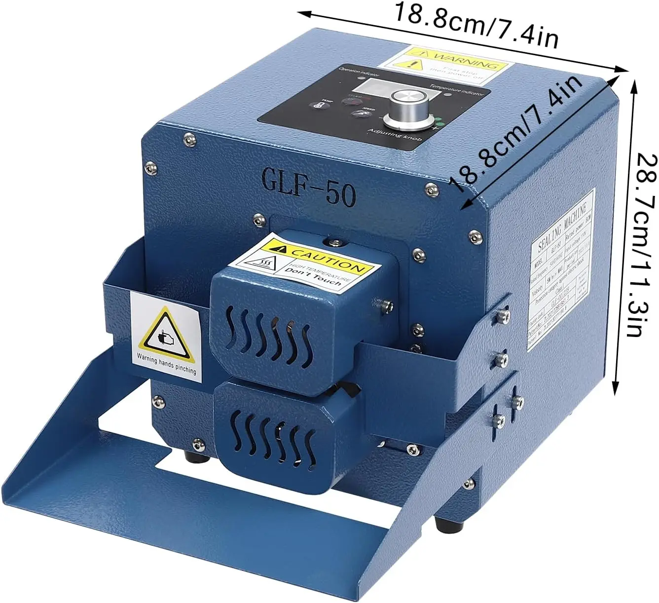 

GLF-50 Термосварочная машина непрерывного запечатывания лент, автоматический горизонтальный ленточный упаковщик 110 В, температура запечатывающей машины, синий