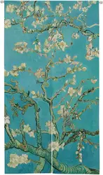 Japanese Noren Door Curtain - Artistic Apricot Blossom Tapestry, Green, for Kitchen, Bedroom & Bathroom Decor