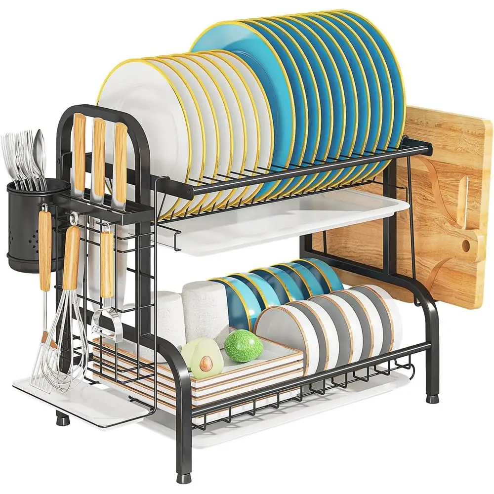 

2-Tier StainlSteel Dish Drying Rack, Space-Saving Kitchen Organizer or in/Over Sink/Counter, with Removable Drain Tray & Cutlery