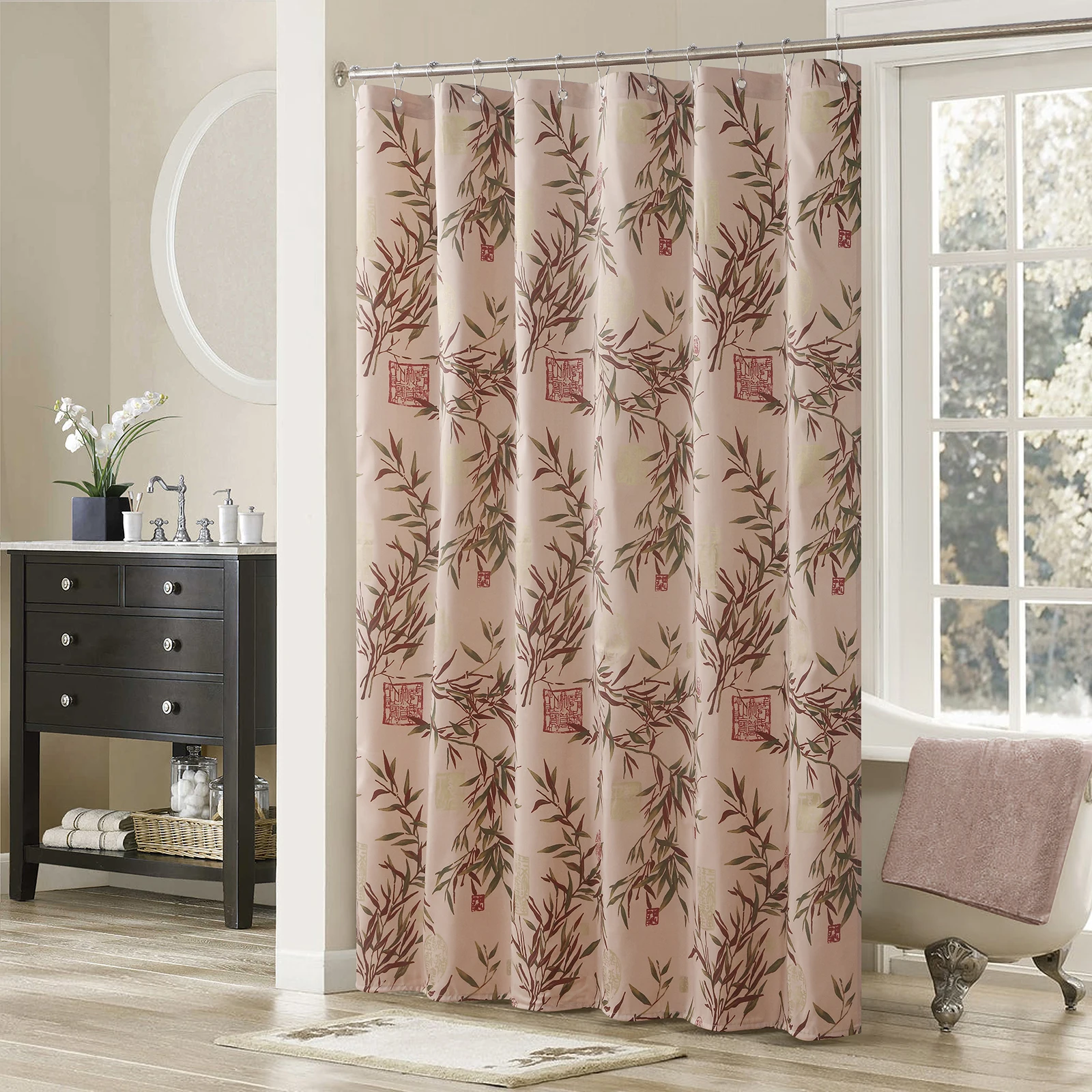 

Saigo Farmhouse Brown Flower Polyester Fabric Vintage Plants Printed Bamboo Waterproof Shower Curtain