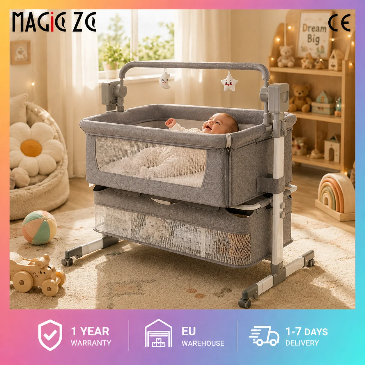 Intelligente elektrische Babywiege mit automatischer Schaukelfunktion, Dual-Steuerung mit Fernbedienung, integrierter Musik, 3-stufige Höhenverstellung 46-50cm, anbettbar am Elternbett 40-45cm,