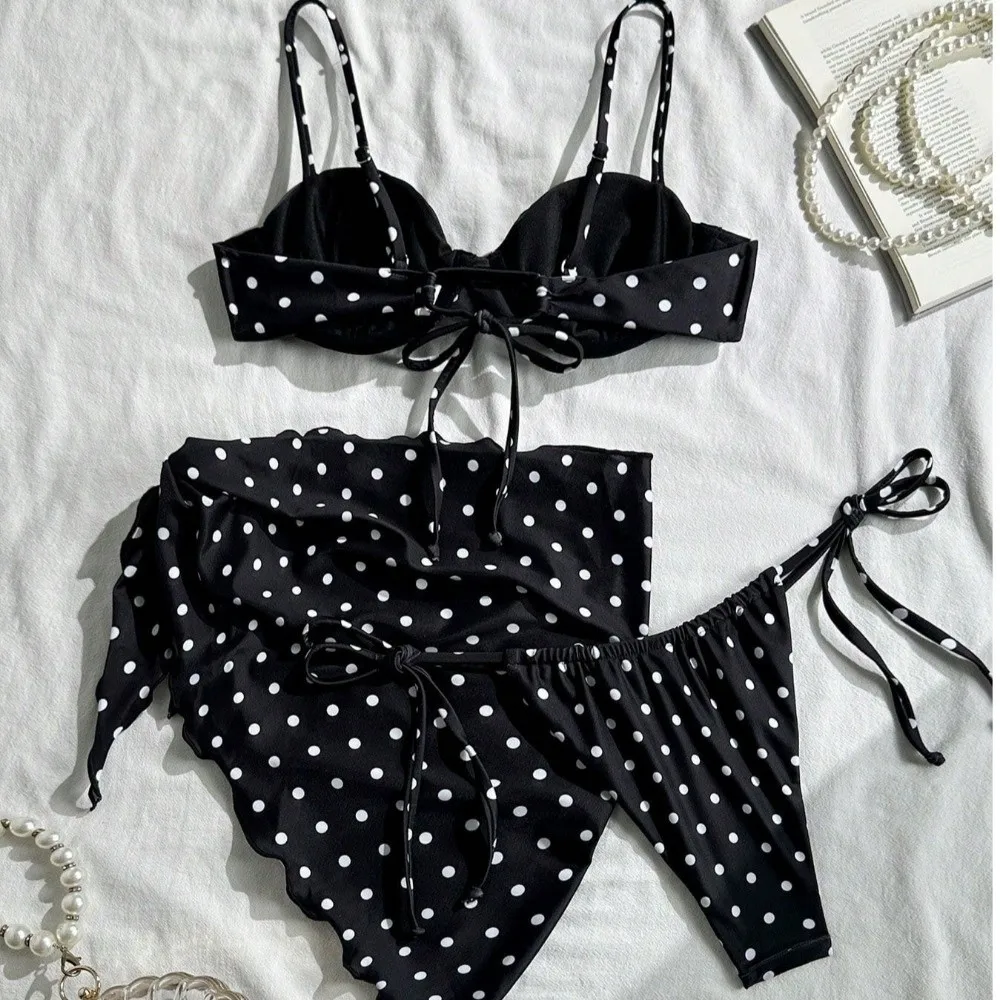 3pcs Beachwear Clothing Halter 3-Piece Swimwear Deep V Dot Print Women Swimsuit Lace Up Slim Fit Bikinis Set Swimming