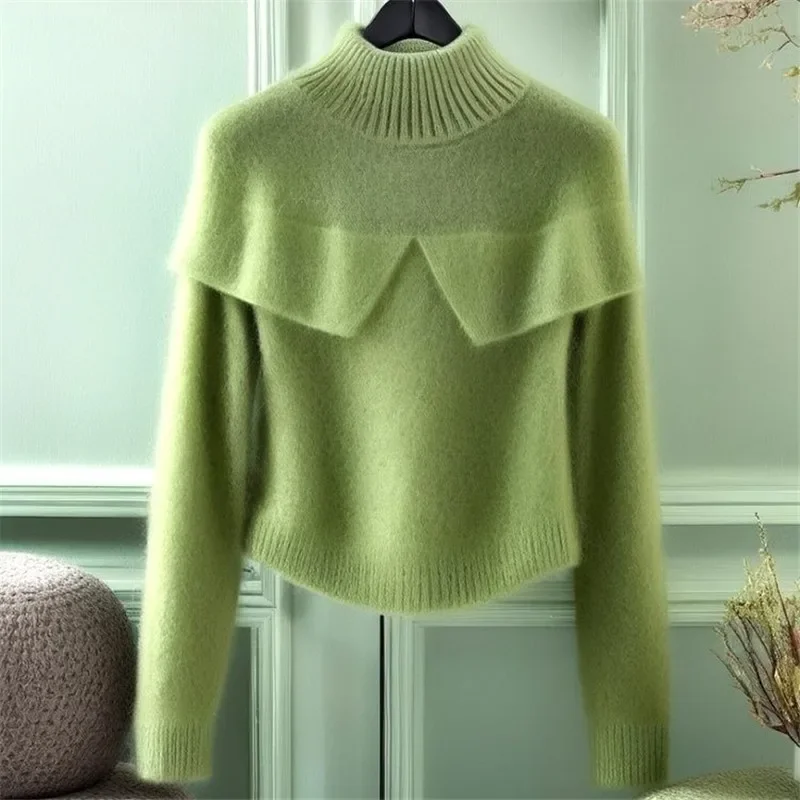 

New Fashion Soft Mohair Knitted Sweater Women Casual Turtleneck Long Sleeve Wool Pullover Elegant Knitwears Autumn Winter Tops