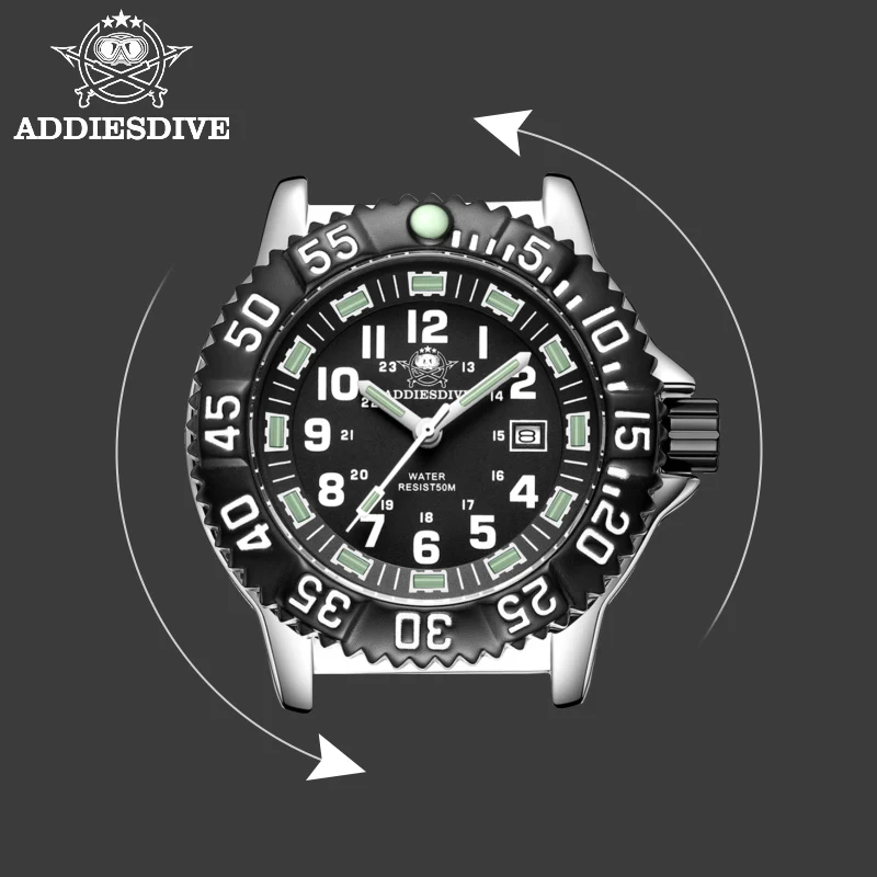 ADDIESDIVE Men\'s Quartz Watch Silver Steel Belt Wristwatches Vintage 50M Waterproof Super Luminous Watches High Quality relogio