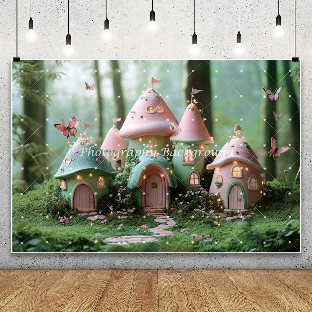 خلفية للتصوير الفوتوغرافي لمنزل فطر الغابة وقلعة فطر الغابة وحفلات أعياد الميلاد للأطفال وخلفية ديكور الكيك