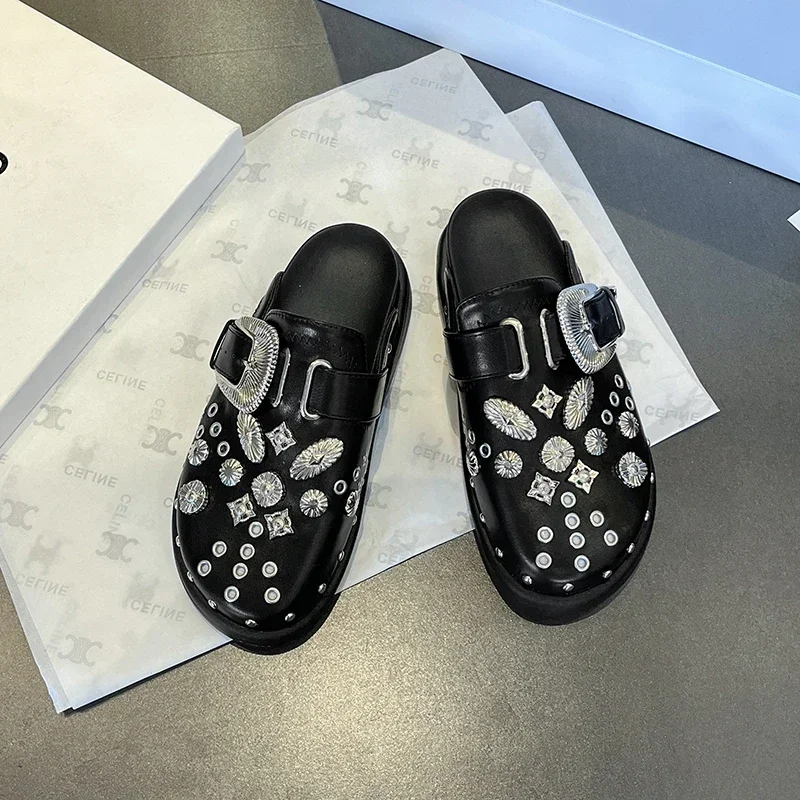 2024 Summer Women Slippers Platform Rivets Punk Rock Leather Mules Creative Metal Fittings Casual Party Shoes Female Outdoor