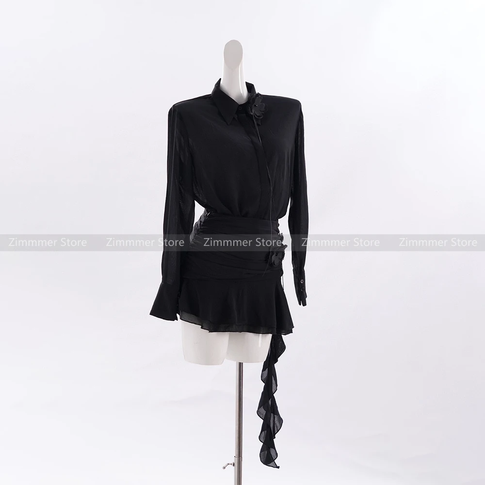 New autumn French high-end temperament lady shirt with neck flower + pleated ruffle design skirt suit