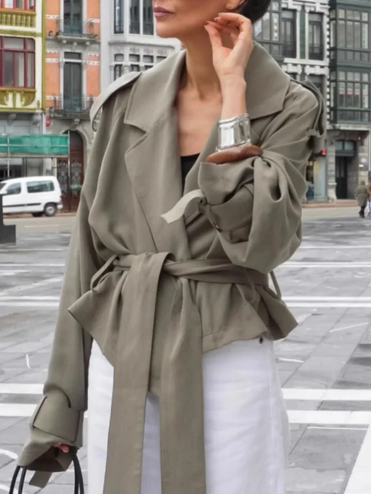 

Модная однотонная куртка на шнуровке для женщин, повседневное женское пальто с длинным рукавом и отложным воротником, осень 2022, новая женская верхняя одежда, уличная одежда