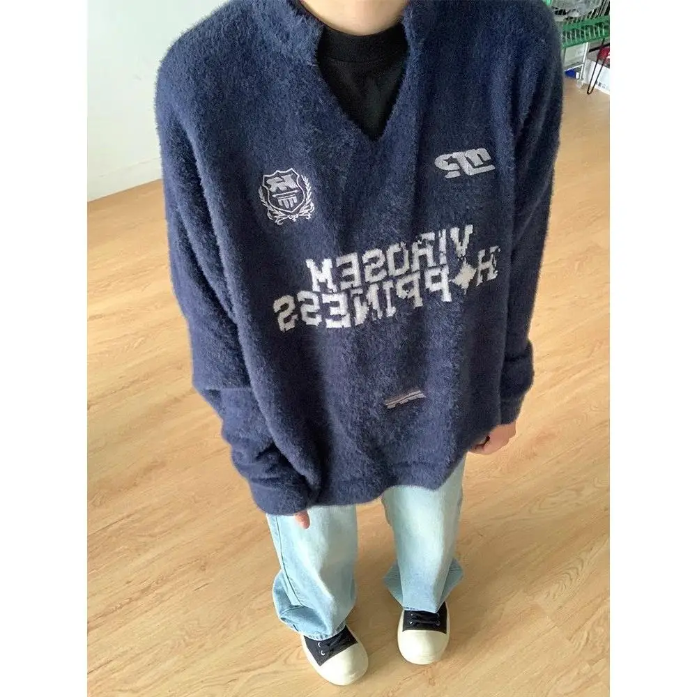 

Американский спортивный свитер V-Ne, мужской ленивый элитный студенческий трикотаж, верхняя одежда, осенне-весенний сезон, полиэфирное волокно