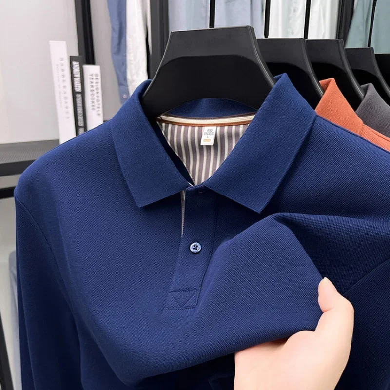 Men's casual long-sleeved pure cotton Polo shirt, new style for autumn, loose fit, pure color, classic, lapel Polo shirt
