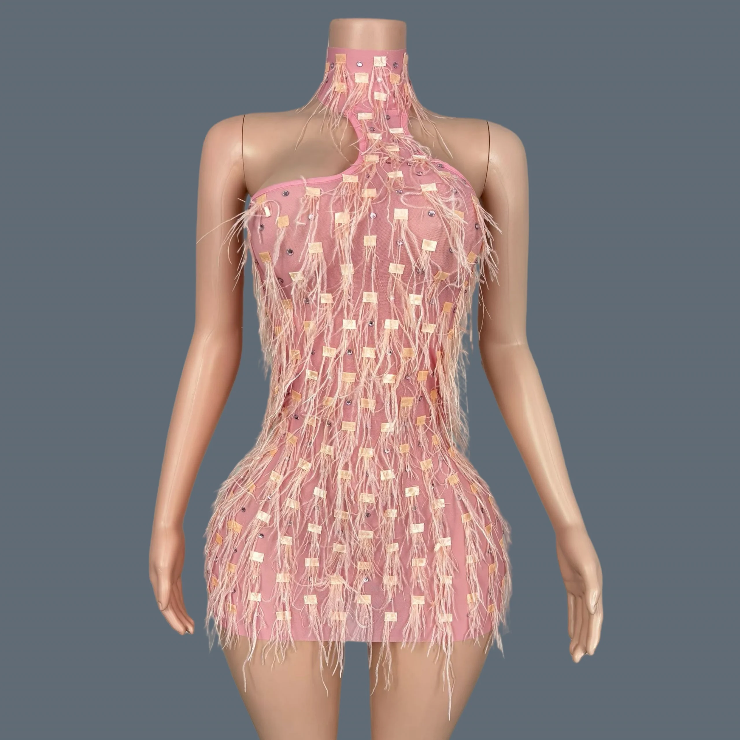 

Feather Sparkly Sequins Pink Short Dress Spicy Girl Outfit Night Out Celebrate Party Outfit Sexy Women Bandage Dresses Nenya