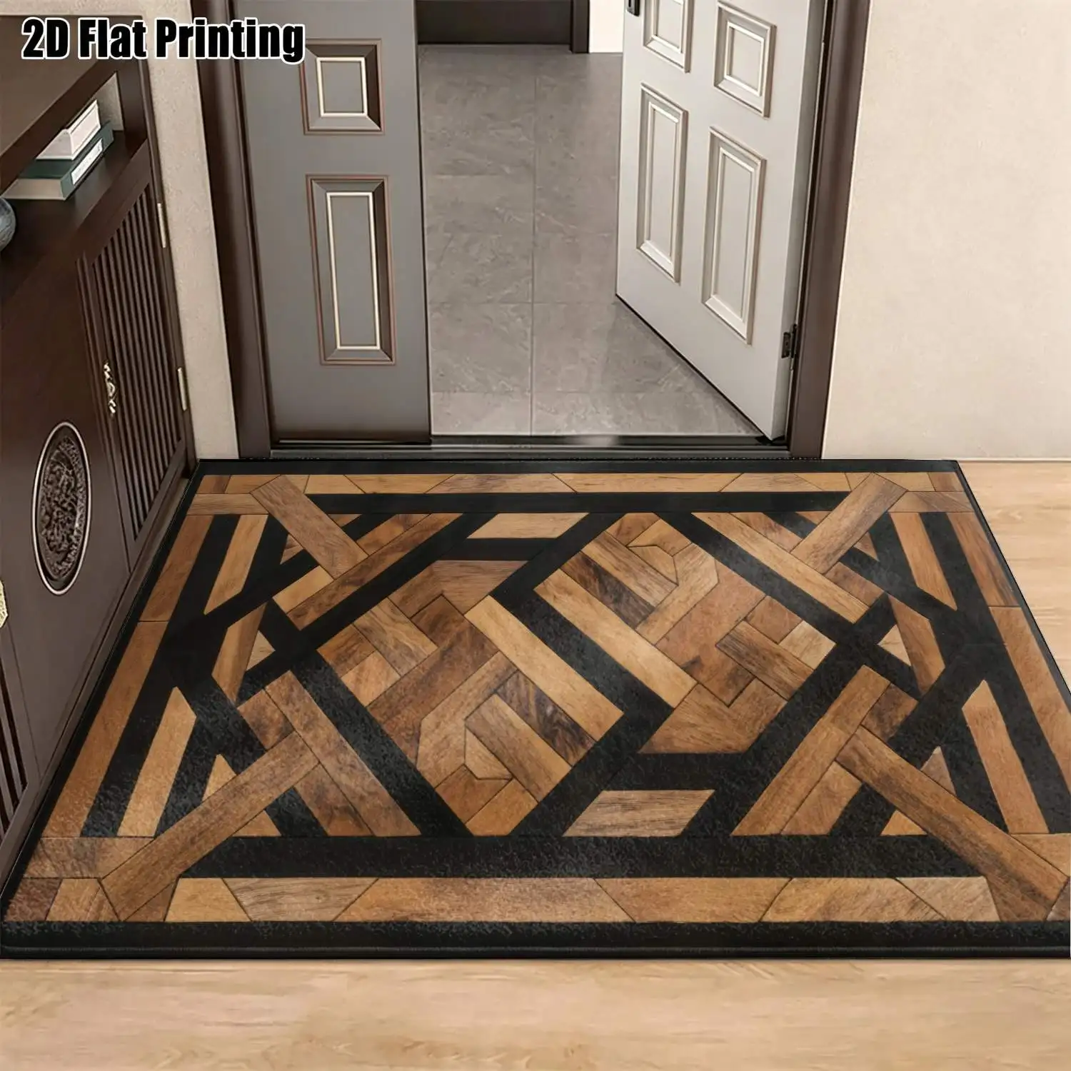 1Pc 2D Printed Carpet: Brown&Black Geometric Patchwork, Nordic/Modern Minimalist/European/Vintage/Geometric Striped Style, Home Decor, Multi-Size, Machine Washable, Suitable for Entrance/Dining Room/Foyer/Bedroom/Living Room