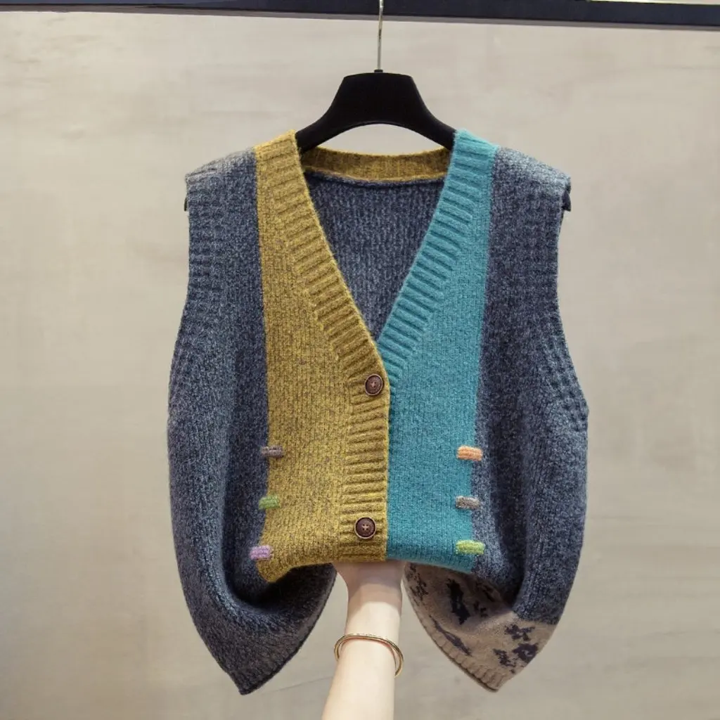 

Korean Style V-neck Knitted Vest Cardigan Women's Loose Outer Wear Sweater Spring Autumn Artistic Fashion Top
