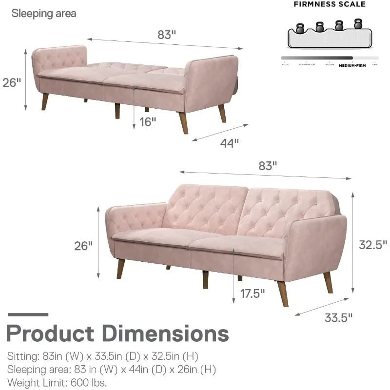 Memory Foam Futon, Convertible Couch, Pink Velvet