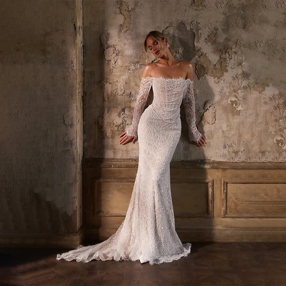Luxury Off Shoulder Lace Wedding Dresses Long Sleeve Mermaid Bride Dress Sweep Train Beaded Beach Garden Bridal Gown Customized