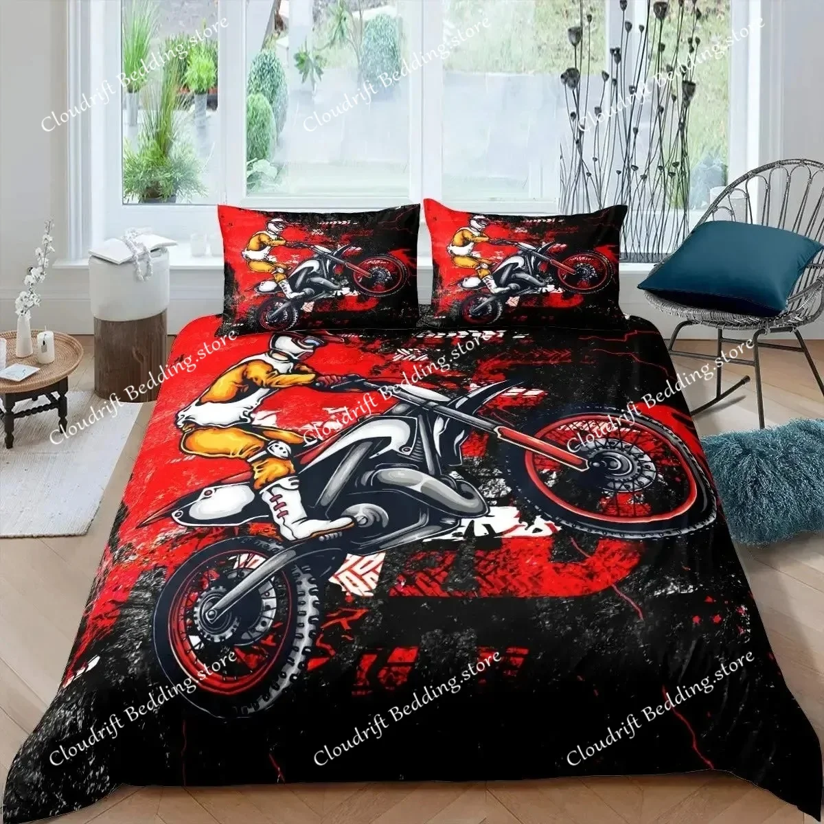 3D Print Motocross Rider Duvet Cover Set Microfiber Red Black Dirt Bike Extreme Sports Theme Motorcycle Pattern Bedding Set