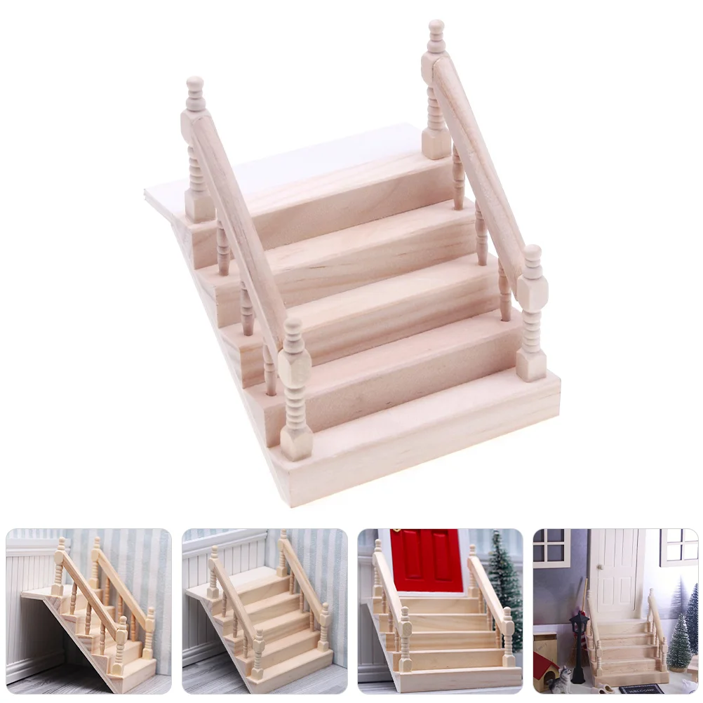 เฟอร์นิเจอร์บ้านมินิไม้ Handrail บันไดฉากขนาดเล็กขั้นตอนรุ่น Dollhouses บันได DIY