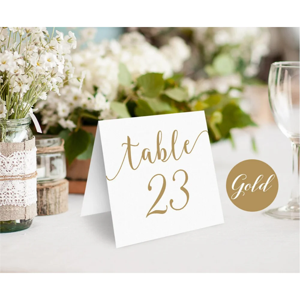

Gold Wedding Table with Folded Numbers, Tent Style, 5x5 in