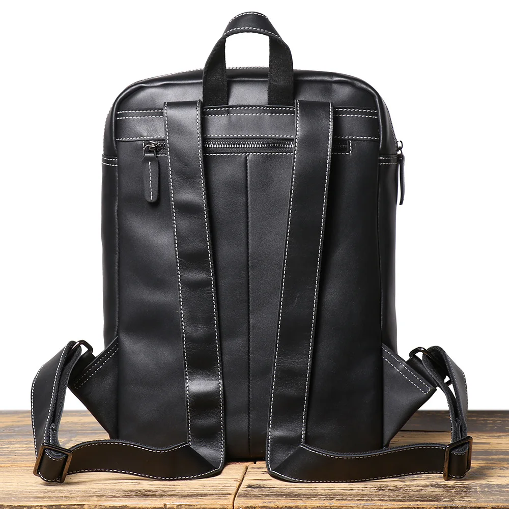 Luxury Original Design Black Men's Backpack Genuine Leather 14 Inch Laptop Bag Outdoor Travel Backbag College Student Schoolbag