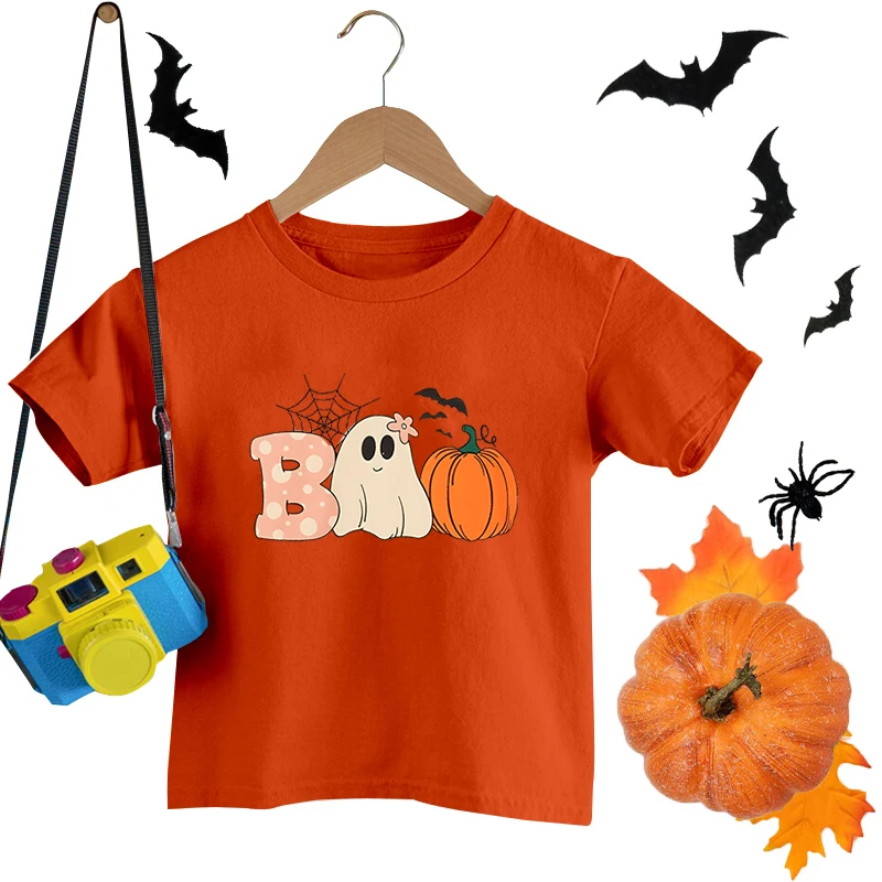 Cute Halloween Boo Ghost Pumpkin Print T-shirts Children Boys Girls Short Sleeve Cotton Round Neck Tee Shirts Casual Summer Tops