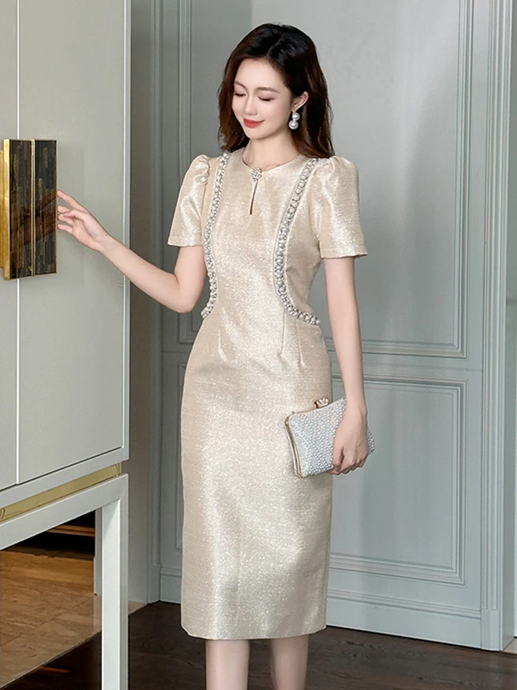 Nuova estate elegante abito da sera formale di lusso abbigliamento donna Casual Retro Pearl o-collo manica a sbuffo Slim Midi Party Prom Vestidos