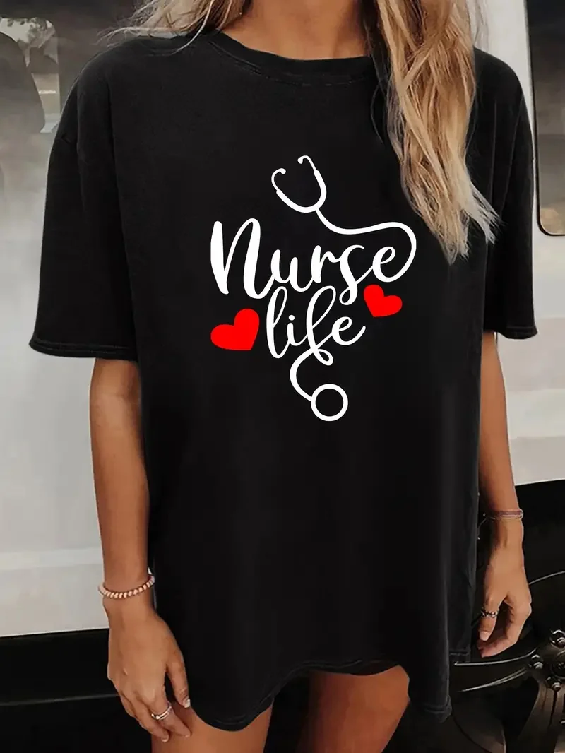 2024 New Flower Pattern And Nurse Letter Printed T-shirt Summer Leisure Comfortable Round Neck Top Nurse\'s Day